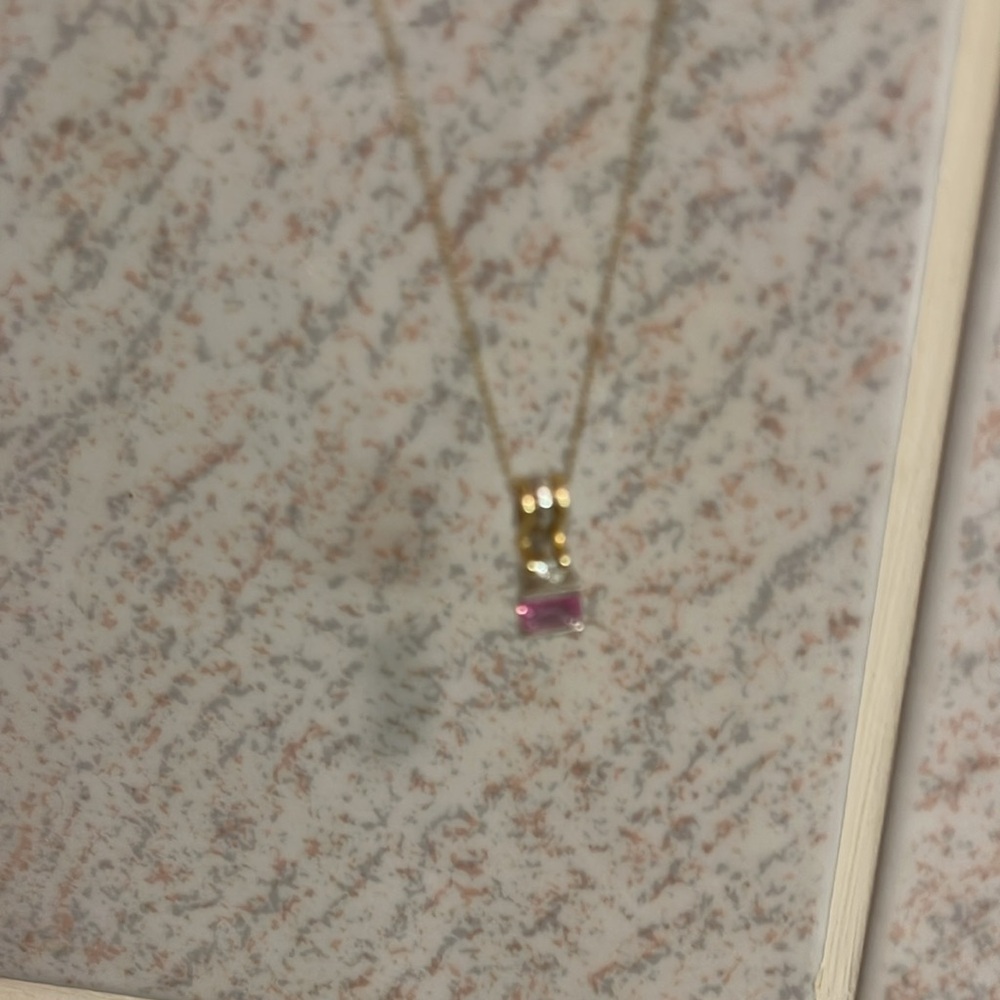 Pink sapphire, two tone, 14 karat gold modernist, diamond pendant - Picture 15 of 15